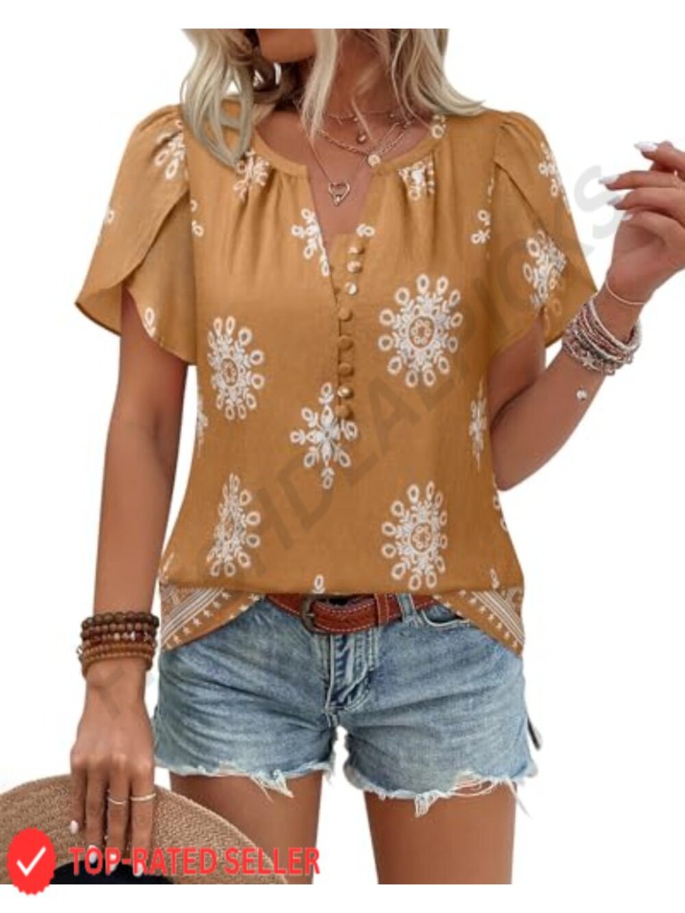Womens Boho Short Sleeve Button Down Blouse Floral Peasant Top Beach Vacation